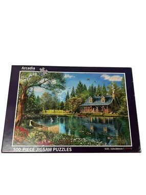 Arcadia Purple-Framed 500-Piece Lake Cabin Jigsaw Puzzle